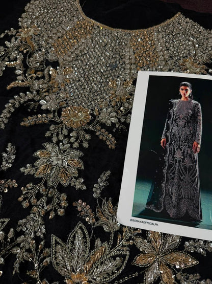 Soraya Eclat Pakistani formal wear with intricate black net embellishments