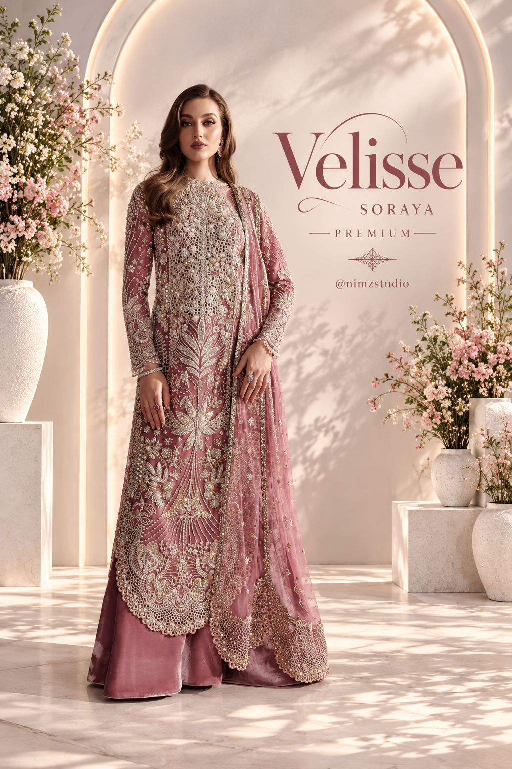 Soraya Velisse dusty rose hand embellished organza Pakistani wedding and party wear dress